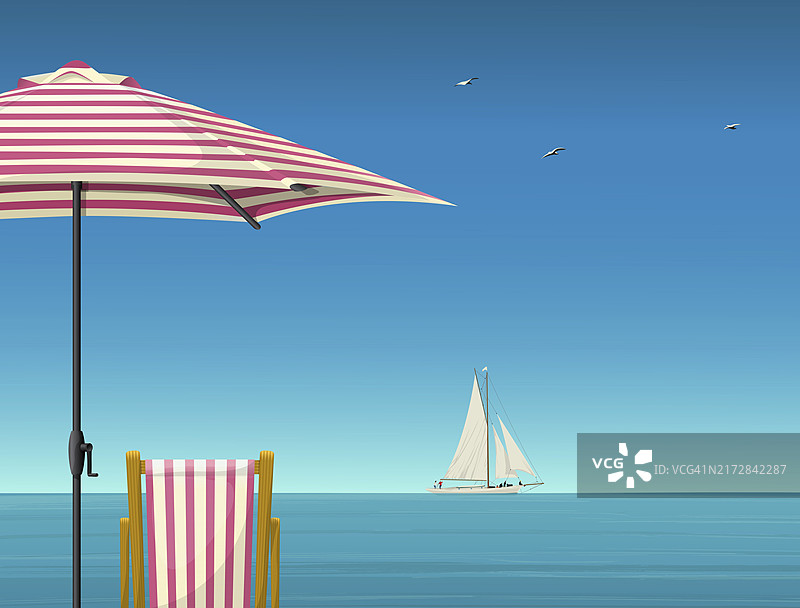 热带海滩背景，伞下椅子和帆船，海鸥飞翔，矢量插画图片素材