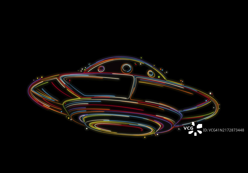 飞碟草图，不明飞行物，黑色背景上的彩色矢量手绘图片素材