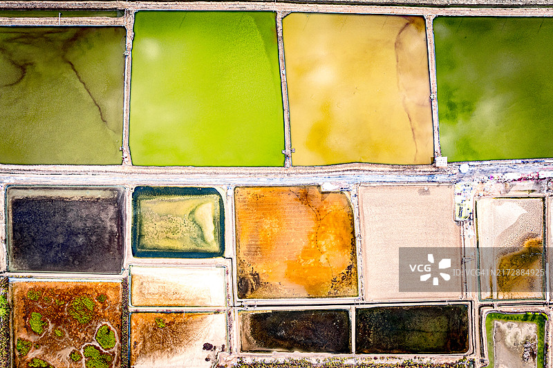 彩色盐矿池塘的鸟瞰图图片素材