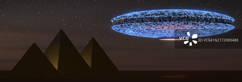 UFO在埃及吉萨金字塔上空，插图图片素材