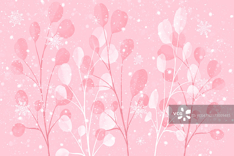 粉色背景上的雪花冬日树枝图片素材