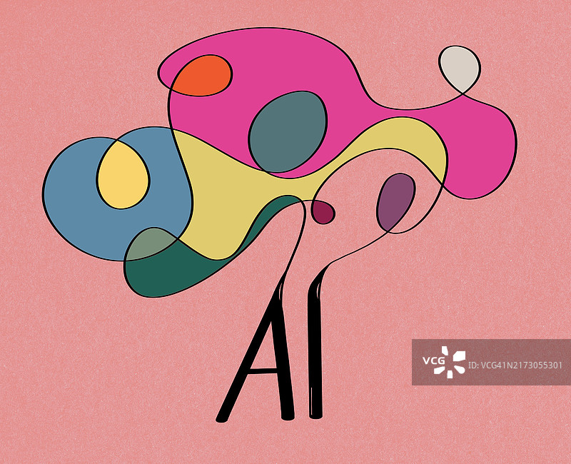 粉色背景上的彩色抽象树状设计与AI文字图片素材