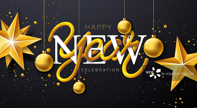 2025新年快乐插画，3D排版，金色星星和圣诞球在黑色背景上，节日排版设计，适用于宣传单、banner、贺卡、庆典海报、派对邀请或日历图片素材