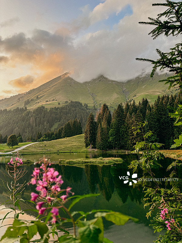 莫尔济讷多云天空下的湖泊风景图片素材