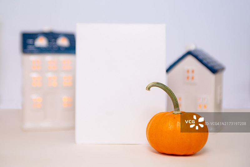 秋季主题构图：带复制空间的空白卡片和成熟南瓜图片素材