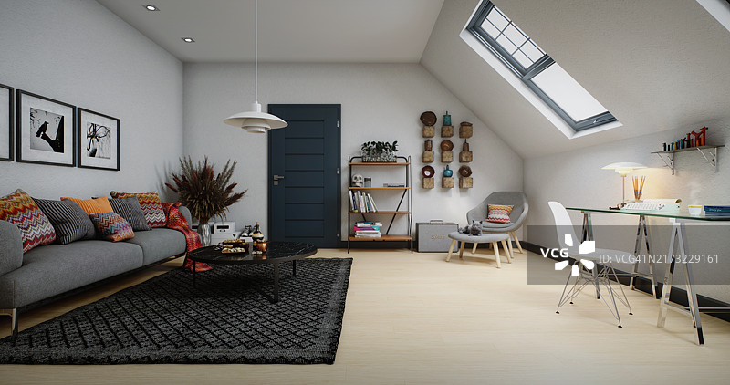 带有舒适办公角的现代阁楼休息室图片素材