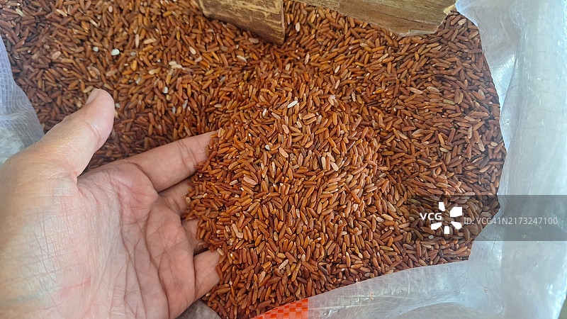 手拿装在米袋里的糙米，健康食品图片素材