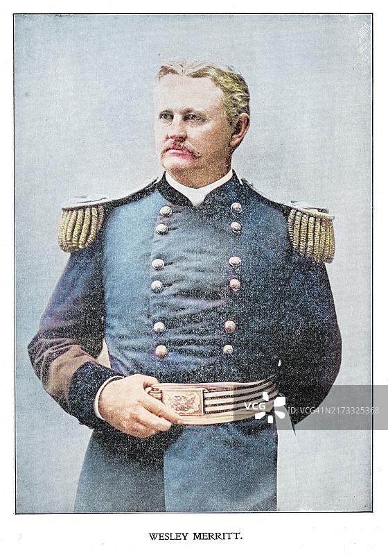 韦斯利·梅里特肖像（生于1836年6月16日），曾在美国内战、美国印第安战争和美西战争中在美国陆军骑兵服役的美国陆军少将图片素材