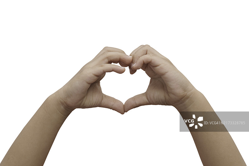 孩子在白色背景上用手比心图片素材