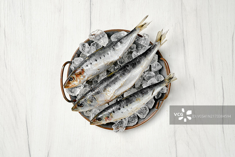 冰镇新鲜沙丁鱼盘装俯视图图片素材