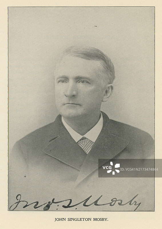 约翰·辛格尔顿·莫斯比（出生于1833年12月6日）的肖像，他的绰号是“灰色幽灵”，是一位美国军事官员，在美国内战中担任南方联盟军骑兵营指挥官。图片素材