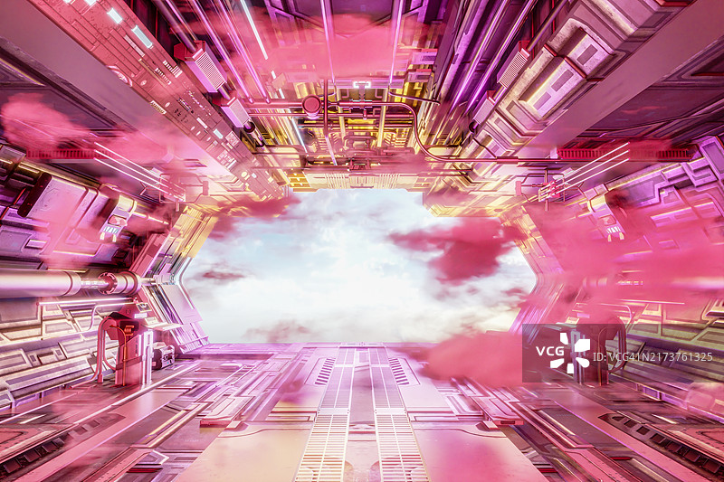 未来主义的宇宙飞船场景与云彩图片素材