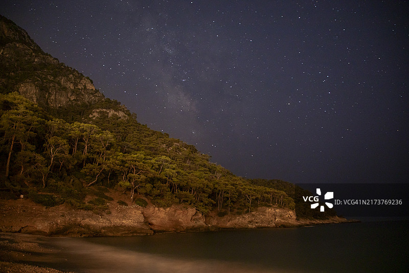 卡巴克湾的海、树木和银河图片素材