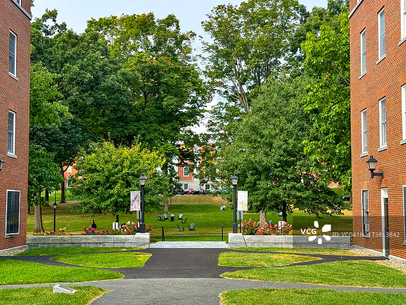 校园建筑之间的绿色草坪，阿默斯特图片素材