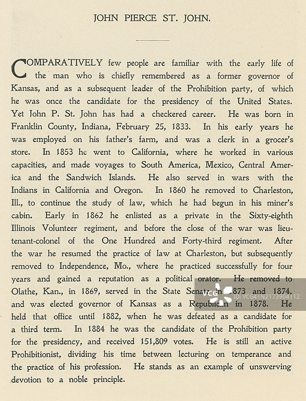 美国政治家约翰·皮尔斯·圣约翰的生平简介（生于1833年2月25日），他曾担任堪萨斯州第八任州长，后于1884年成为禁酒党总统候选人图片素材