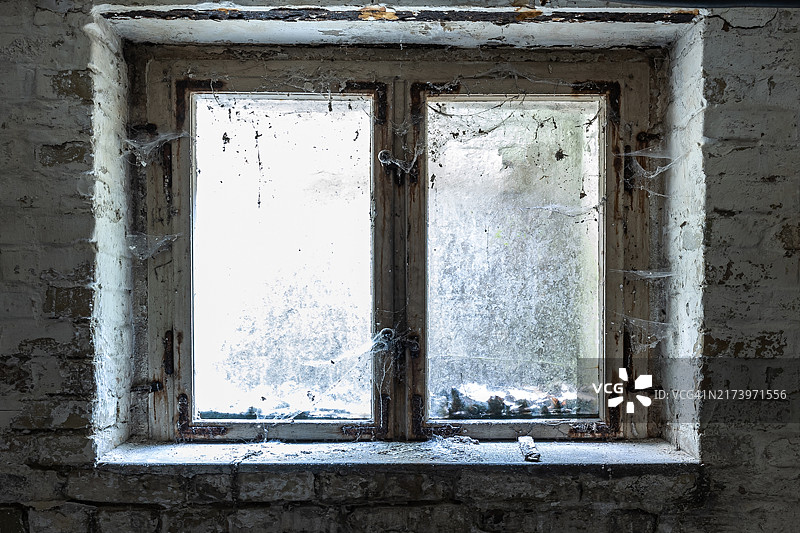 废弃建筑物地下室里的旧脏窗户图片素材