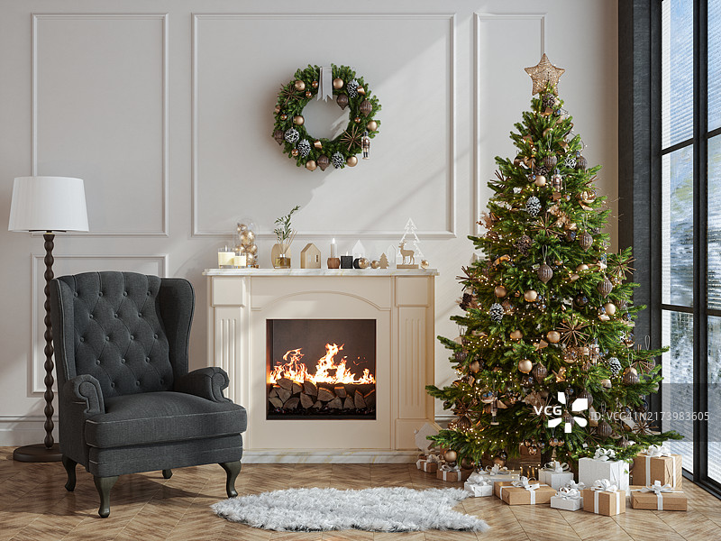 带圣诞树、礼品盒、装饰品、扶手椅和壁炉的现代客厅内饰图片素材