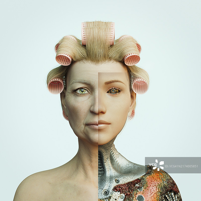 露出半机械人身体的卷发女人图片素材