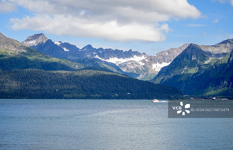 小船巡游于复活湾水道，两侧是覆盖着冰川的崎岖山脉，美国阿拉斯加基奈峡湾国家公园，苏厄德图片素材