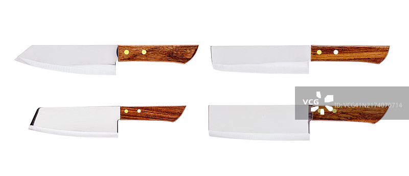 厨刀套装：肉类切割斧、劈刀和屠刀、不锈钢木柄面包烧烤刀图片素材