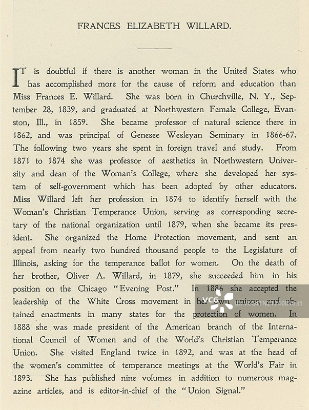 弗朗西斯·伊丽莎白·卡罗琳·威拉德的传记（美国教育家、禁酒改革家和妇女选举权倡导者）图片素材