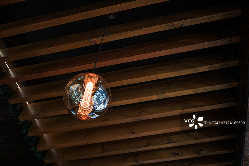 木梁天花板下的复古灯具图片素材