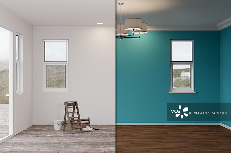 房屋改造前后：木地板、线条、蓝色油漆和天花灯图片素材