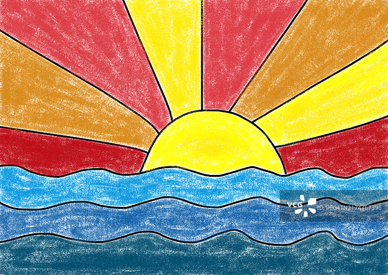 儿童画风海边日落插画图片素材