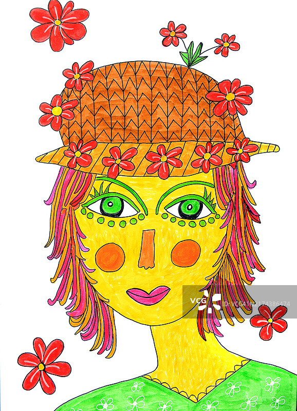 朴素风格插画：戴帽子和红花的年轻女人肖像，白色背景图片素材