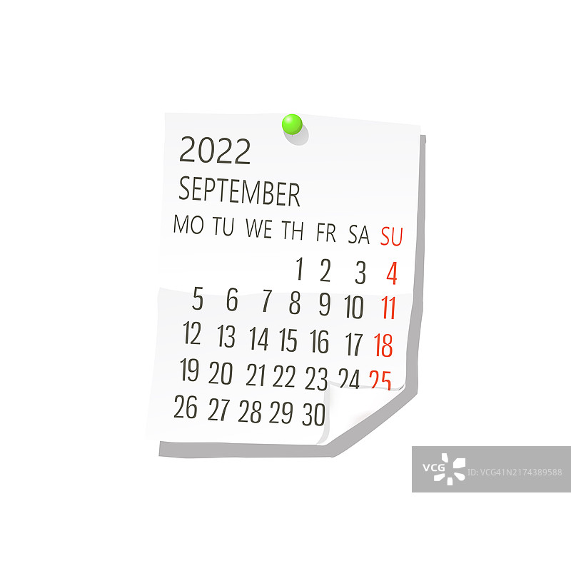 2022年9月日历，白色背景可编辑矢量图图片素材