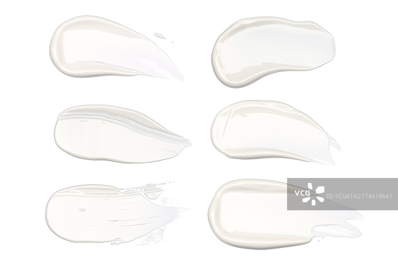 六款白色纹理化妆品乳霜，具有光滑分层效果，突显护肤配方的丰富性和品质。护肤和美容概念，含肽、益生元、神经酰胺、壬二酸、视黄醇的护理化妆品图片素材