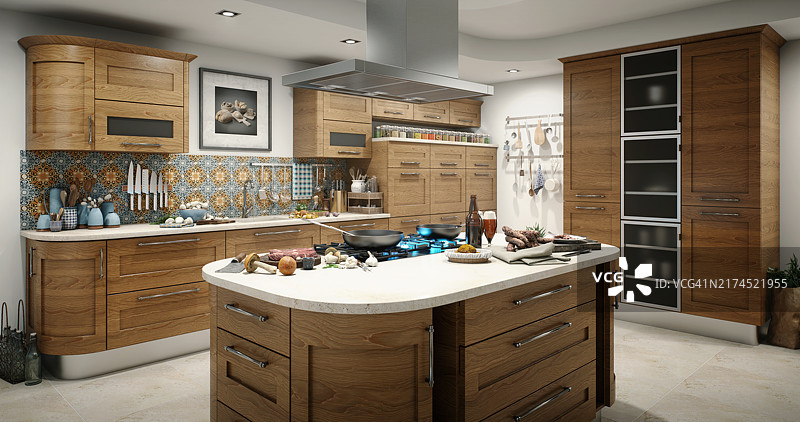 带有华丽后挡板和木质饰面的乡村家庭厨房图片素材