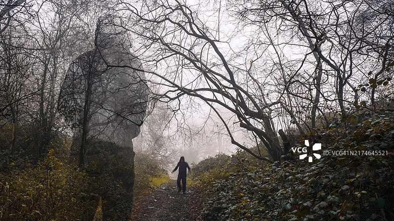 恐怖概念：幽灵般的蒙面人在雾蒙蒙的冬季森林中注视着一个模糊的实体图片素材