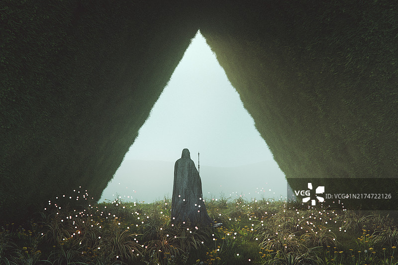 奇幻风景中神秘的披 cloak 人物图片素材