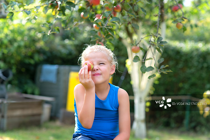 一个金发男孩坐在花园里，拿着一个苹果放在眼前图片素材