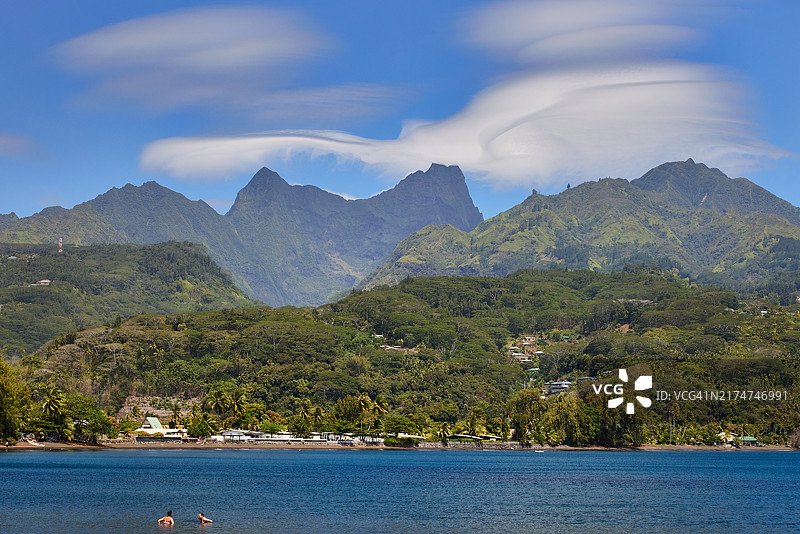 塔希提岛维纳斯角海滩和奥罗赫纳山图片素材