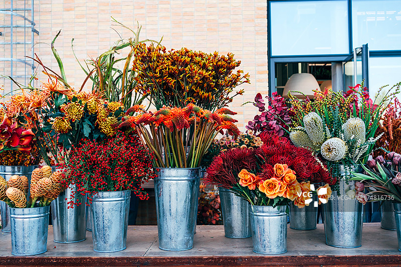 姜黄、菊花、浆果、火炬花、针垫花、班克木、玫瑰和郁金香金属花瓶。花店外窗展示着各种不同的花朵。图片素材