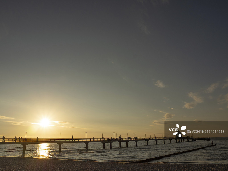 德国波罗的海 Zingst：平静海面和长码头日落景色图片素材