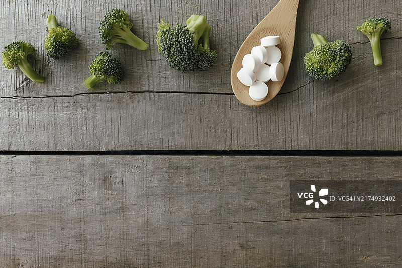 维生素或药物胶囊，西兰花在木勺上，健康疗法或治疗概念，维生素药丸图片素材