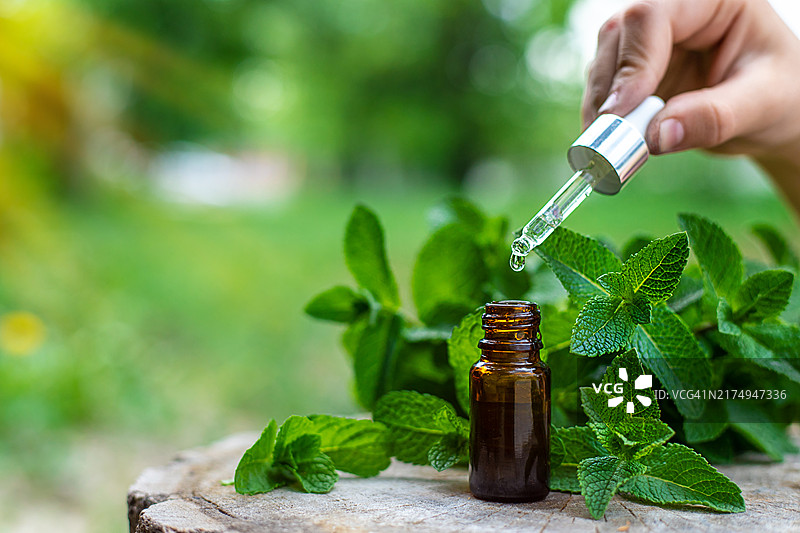 瓶装薄荷精油特写图片素材