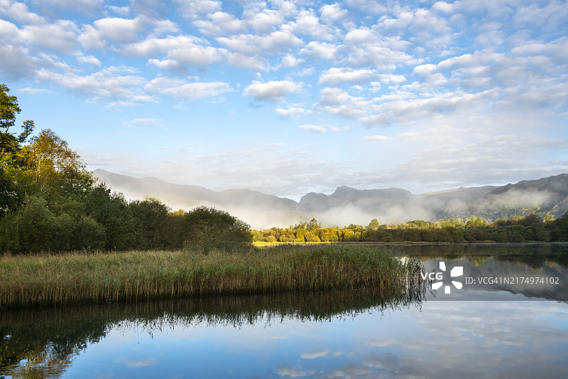 秋日平静清晨的湖区风光图片素材