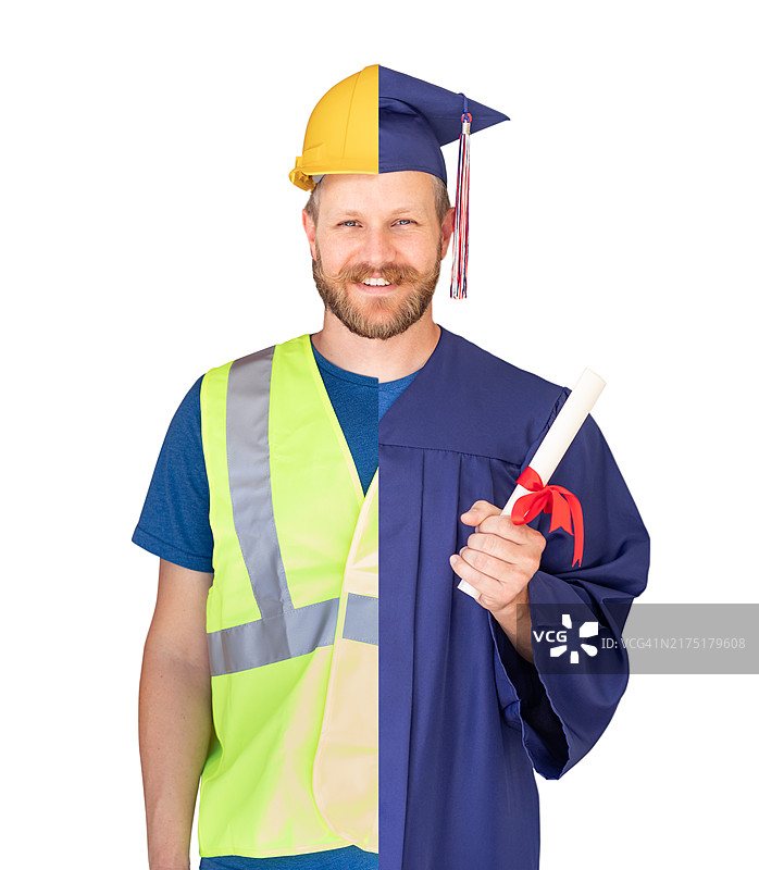 戴着帽子和学士服的男毕业生与戴着安全帽的工程师分屏概念图片素材