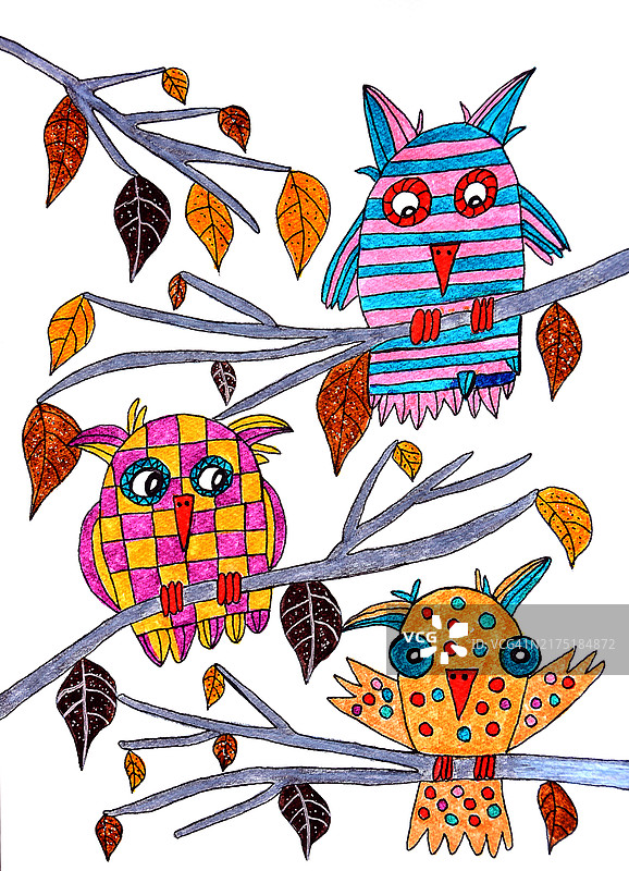 三只猫头鹰栖息在树枝上，白色背景，儿童画风格图片素材