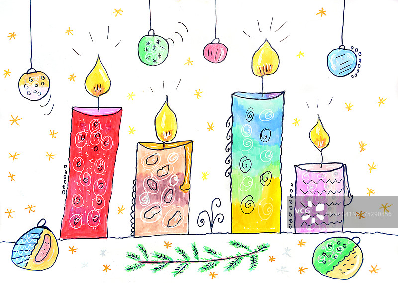 四个彩色蜡烛和圣诞球，圣诞节图片素材