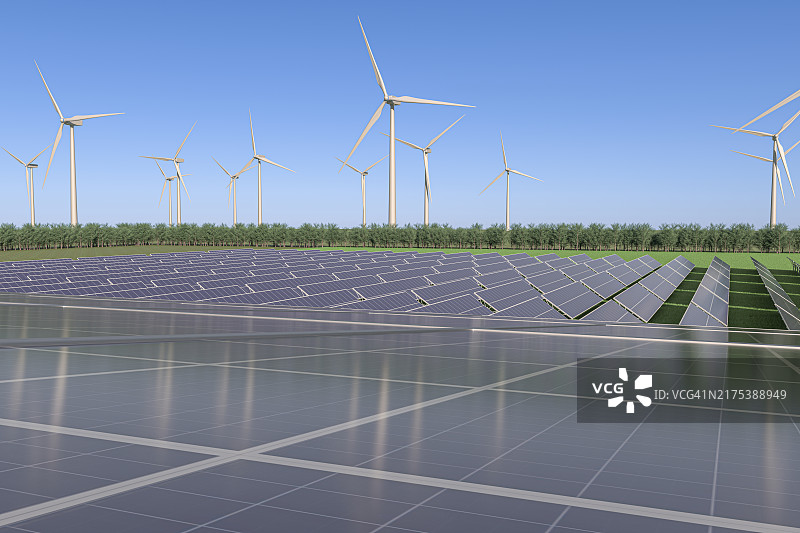 绿色能源，太阳能风力涡轮机，3D渲染图片素材