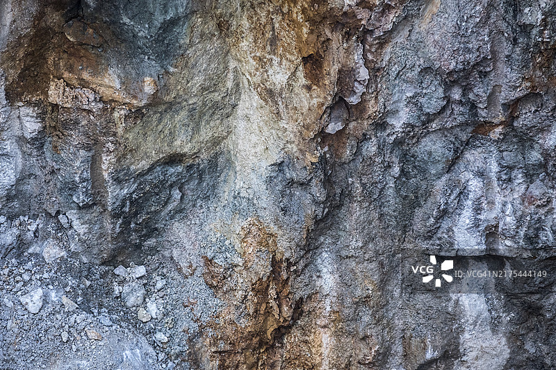 具有泥土色调和矿物沉积物的天然岩石表面特写图片素材