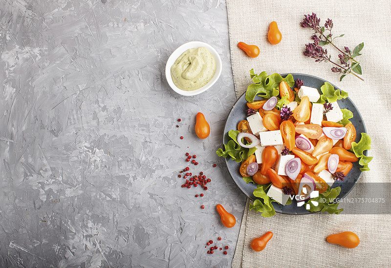 灰色水泥背景蓝色陶瓷盘上的鲜葡萄番茄羊乳酪生菜洋葱素食沙拉图片素材