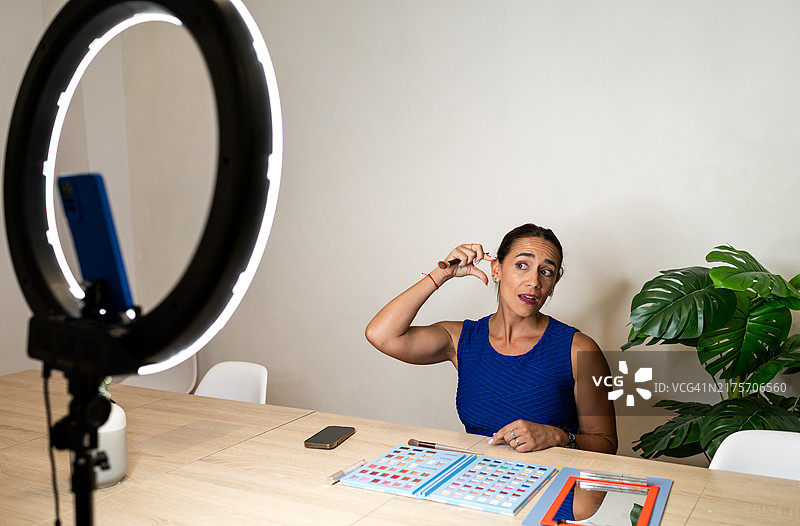 美妆博主录制美妆教程时遇技术问题图片素材