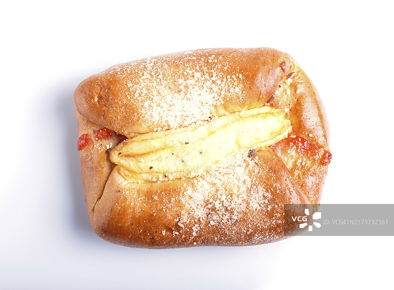 白色背景上奶油馅的面包（顶部视角）图片素材
