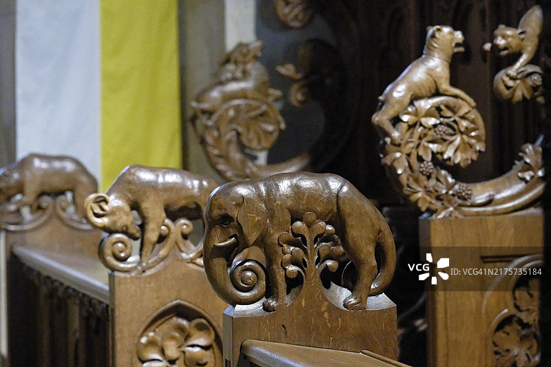 卢森堡埃希特纳赫圣威利布罗德大教堂内部景观，大象，唱诗班席位图片素材